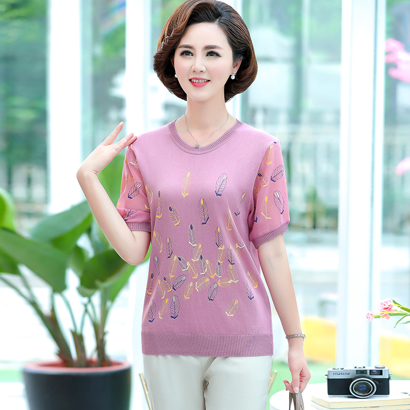 中老年女装2020新款夏季40-50岁妈妈装针织短袖T恤圆领半袖上衣服