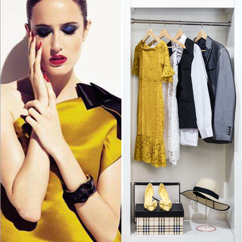 公寓装饰样板房衣帽间摆件黄色系主人房衣柜连衣裙西装礼服收纳盒