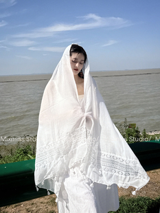 MIXMISS【圣洁白】纯白蕾丝拼接披肩阿布扎比清真寺草原西北头巾