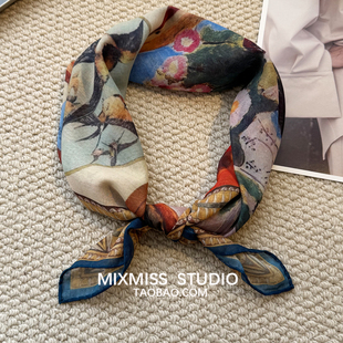 MIXMISS【妆奁】复古vintage手工卷边方巾领巾中古米调薄款头巾