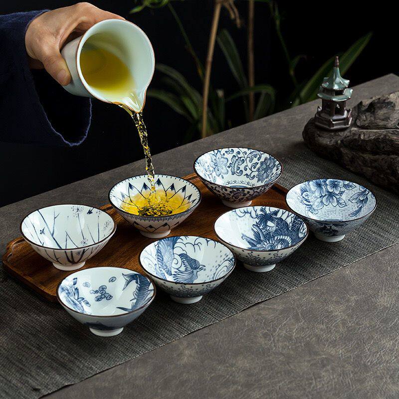 青花瓷釉下彩斗笠杯茶杯主人杯整套家用品茗杯客杯旅行茶杯
