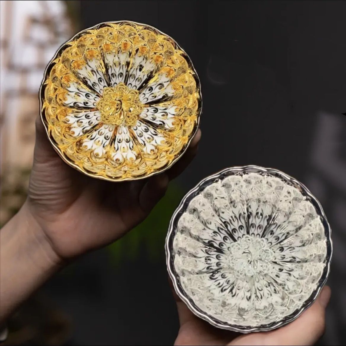 茶具礼品鎏银茶盏主人茶杯单杯金盏个人养生窑变莲花孔雀茶碗茶具图片