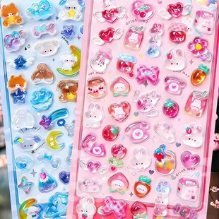 可爱卡通3d立体浮雕贴儿童贴纸女孩动物宝石水晶贴高透明贴纸咕卡贴画玩具趣味手账素材手机壳DIY装饰小图案