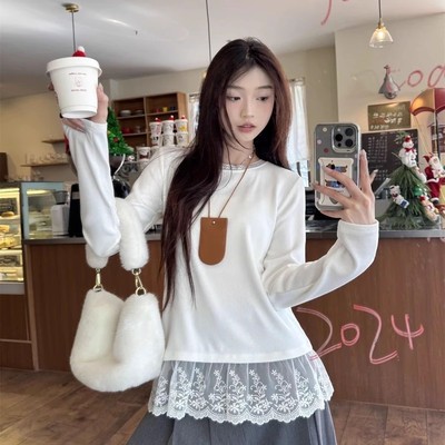 法式纯欲风蕾丝花边内搭长袖T恤
