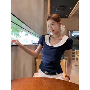 修身 T恤新款 独特漂亮韩系显瘦设计上衣 藏蓝色甜美娃娃领短袖 夏季