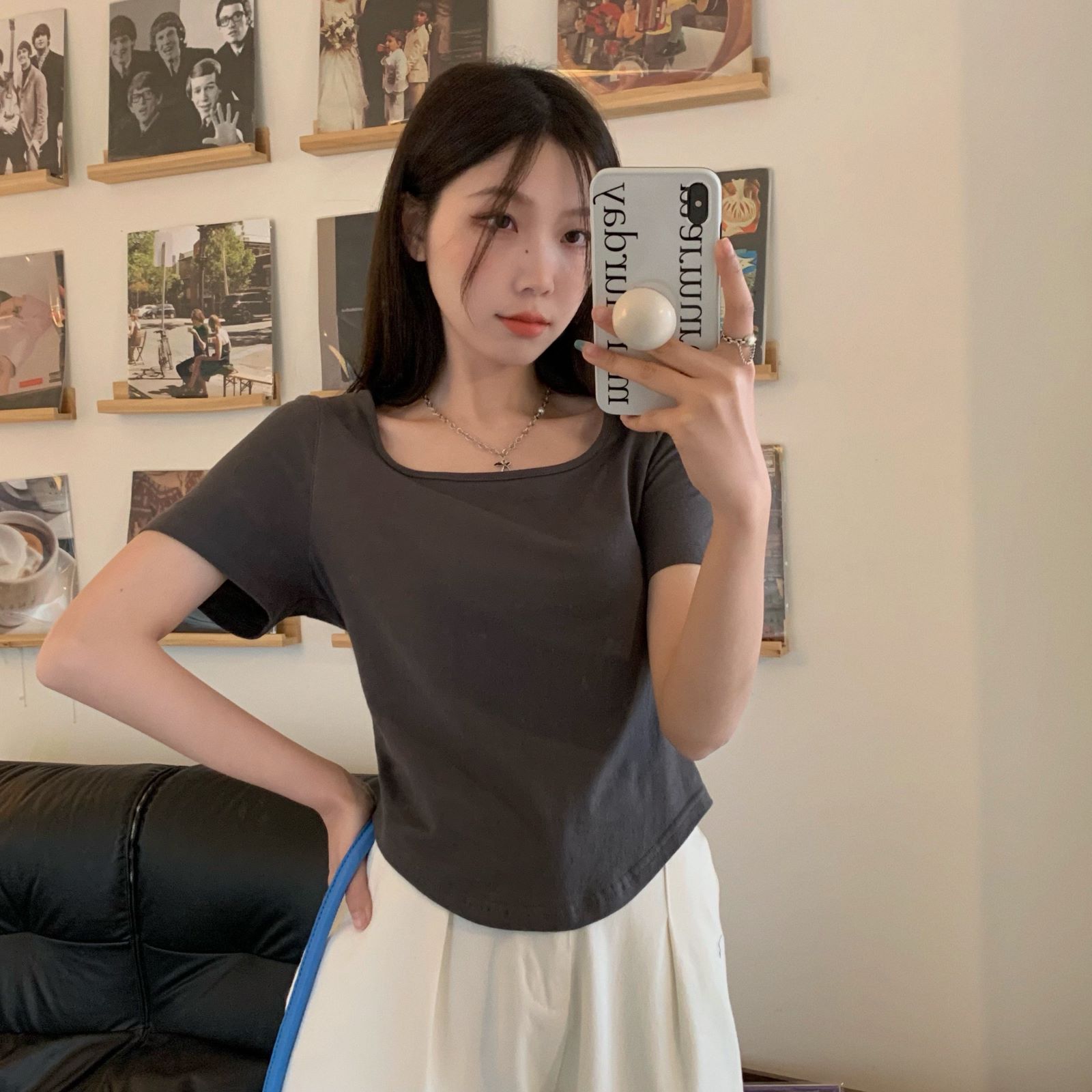 短袖方领纯色短袖T恤女