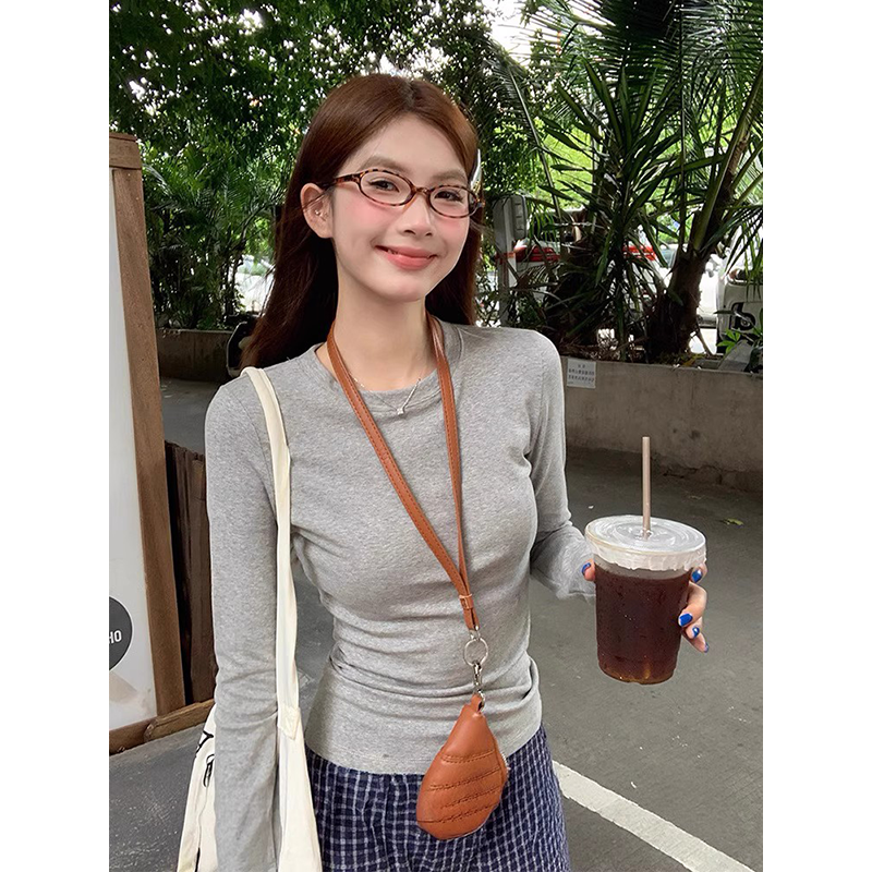 高级灰小圆领ins长袖t恤女