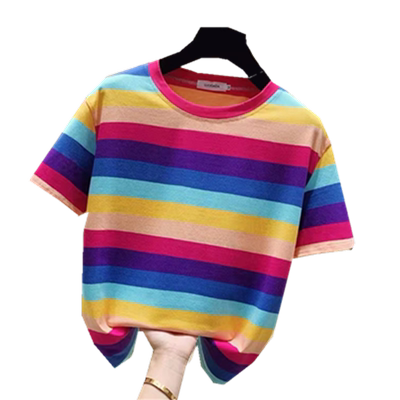 彩虹条纹短袖T恤女扎染