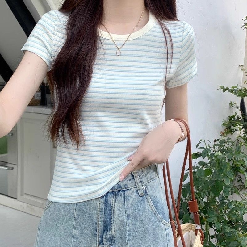 蓝白条纹短袖T恤女夏季洋气