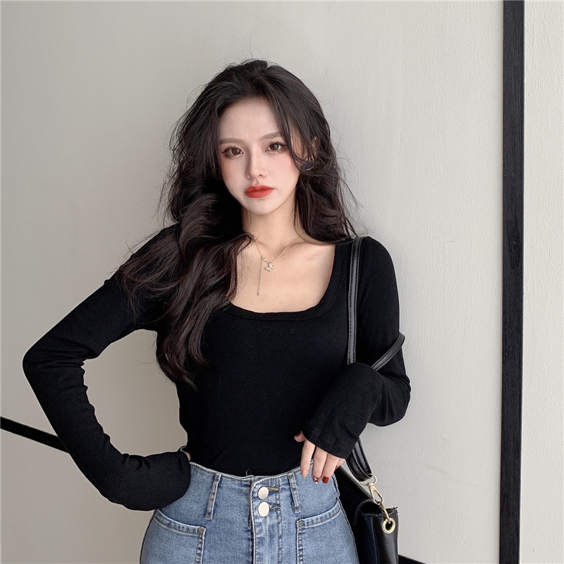 螺纹长袖打底衫女修身显瘦U型领