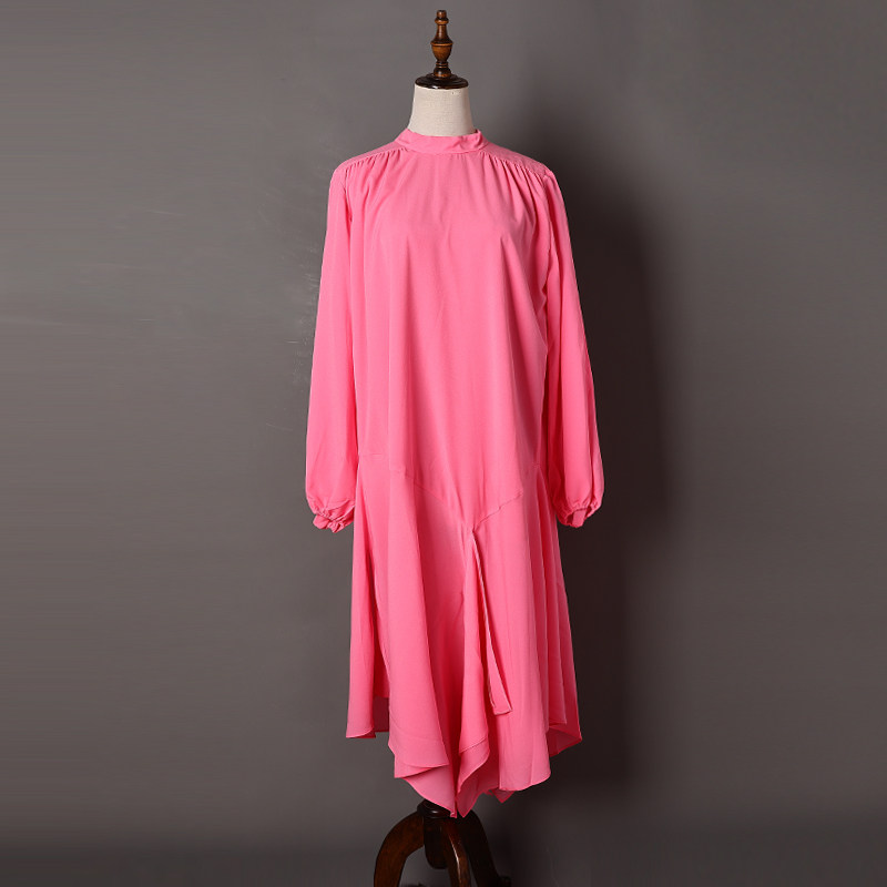 春夏季新品韩版洋气时尚宽松中长款纯色连衣裙下摆不规则裙子潮