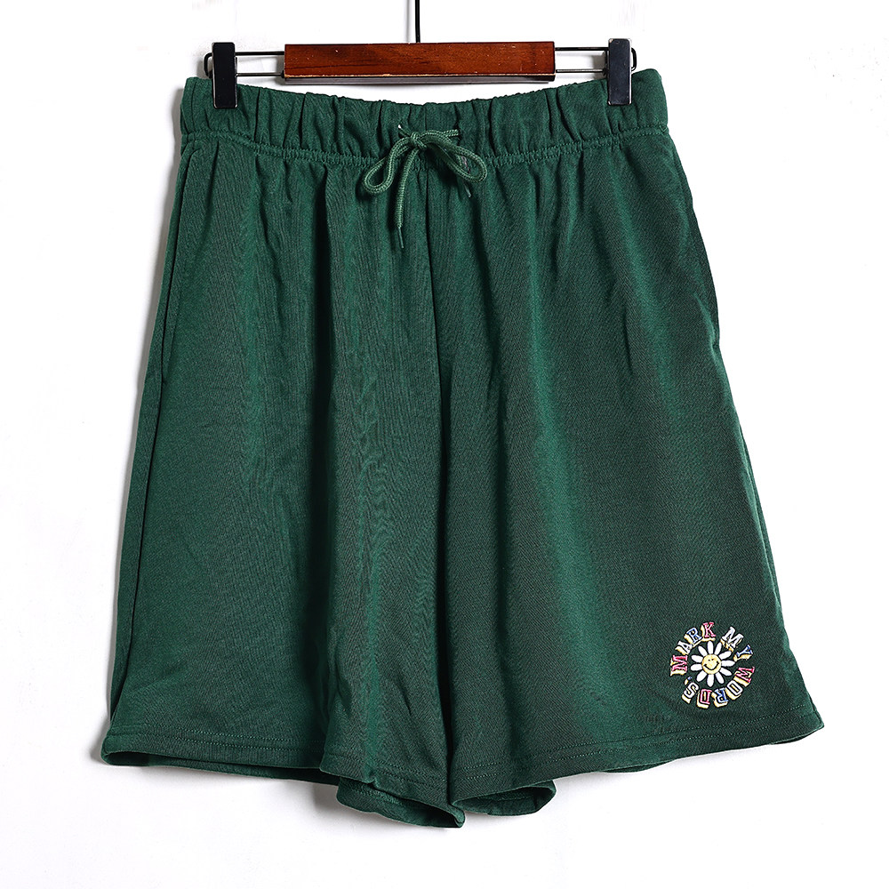 2026年夏季新品女装时尚绿色刺绣花朵松紧腰运动短裤宽松百搭中裤