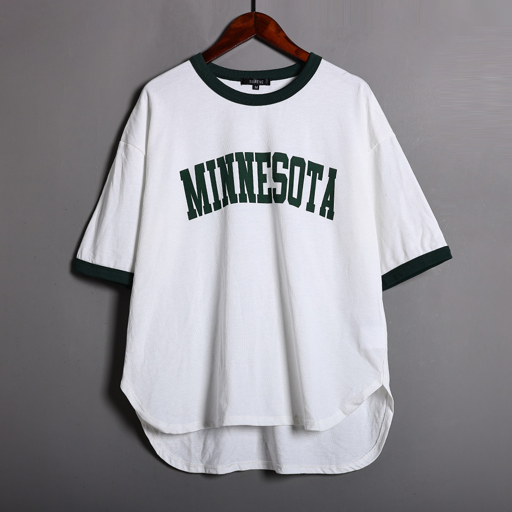 夏季新品女装亲子时尚字母印花圆领套头宽松显瘦下摆圆弧休闲T恤