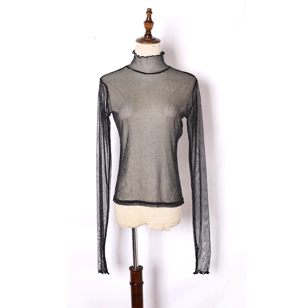 2025年夏秋季时尚女士半高领百搭通勤罩衣潮透视网纱高领打底衫