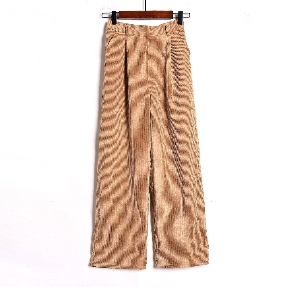 2026年春秋季日系灯芯绒女士后腰半松紧腰阔腿裤休闲裤纯色长裤潮 - 拿货8外贸服装批发出品