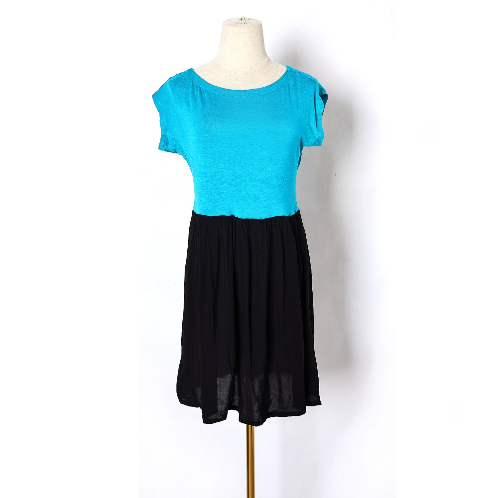 夏季新品时尚撞色拼接收腰显瘦中长款连衣裙韩版洋气薄款连衣裙潮