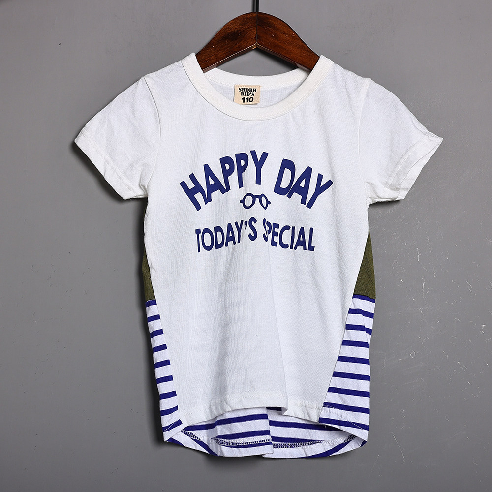 夏季时尚女童字母印花横条纹拼接薄款宽松百搭儿童短袖T恤潮