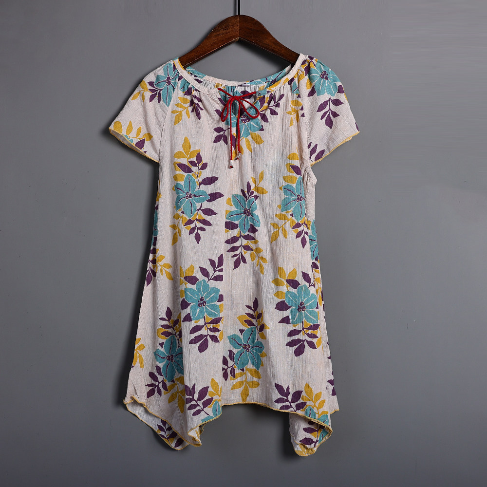 夏季可爱女童圆领套头宽松薄款下摆不规则中长款印花连衣裙