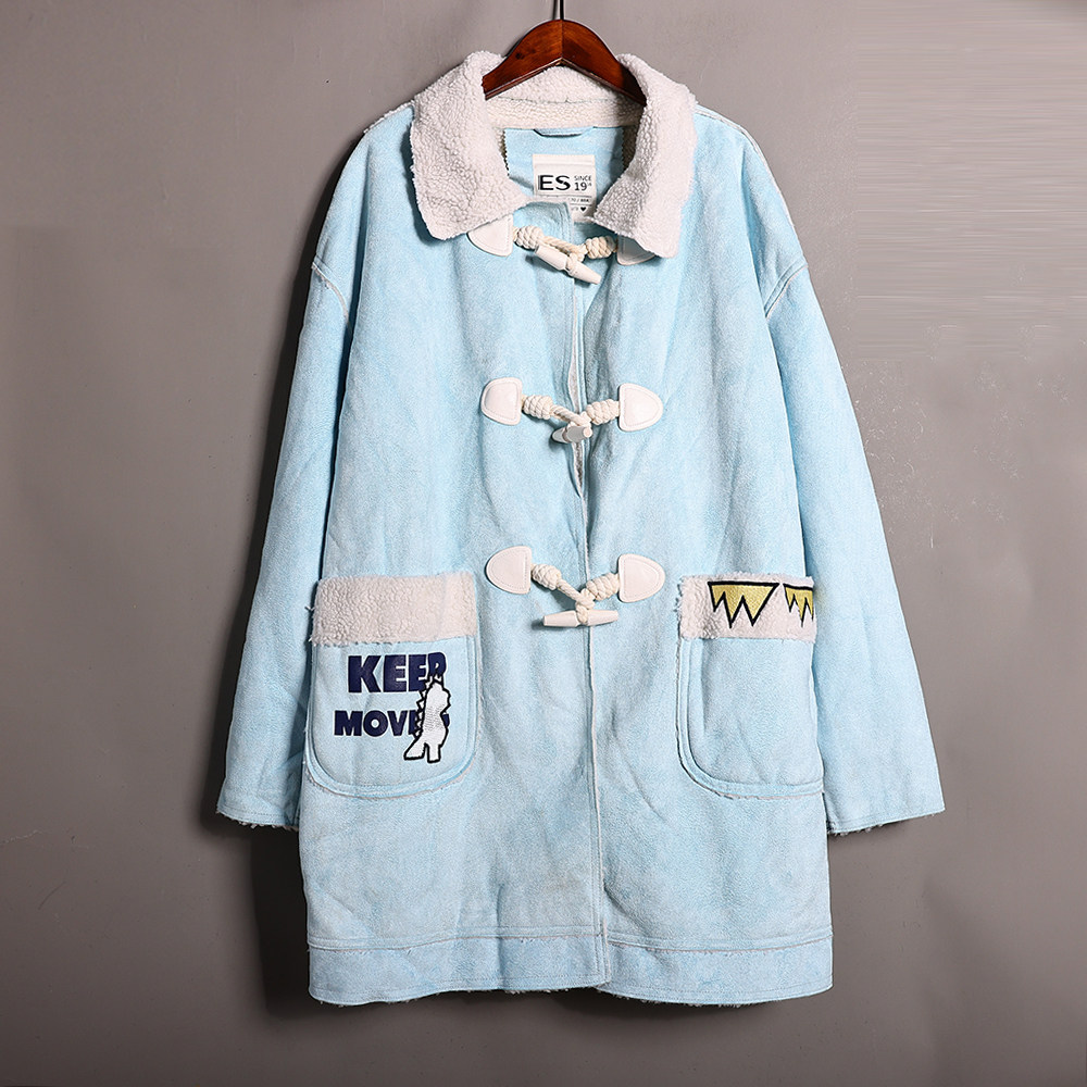 浅兰色连帽羊羔毛加厚保暖秋冬季中长款棉服外套休闲外套