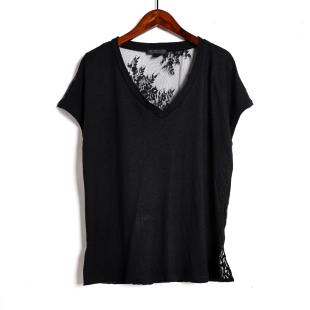 性感后背蕾丝拼接微透视短袖 夏季 V领时尚 女装 T恤宽松显瘦上衣 新品