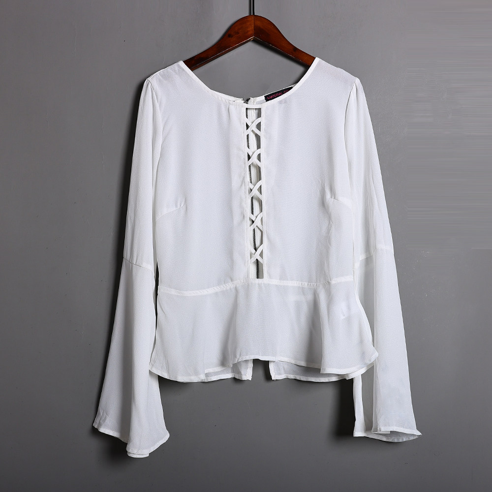 春夏季新品女装时尚圆领套头宽松显瘦喇叭袖雪纺衫上衣镂空纯色潮