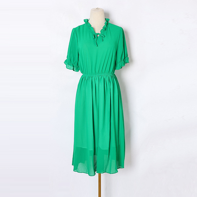 2025年夏季新品女装韩版时尚木耳边收腰显瘦中长款短袖雪纺连衣裙