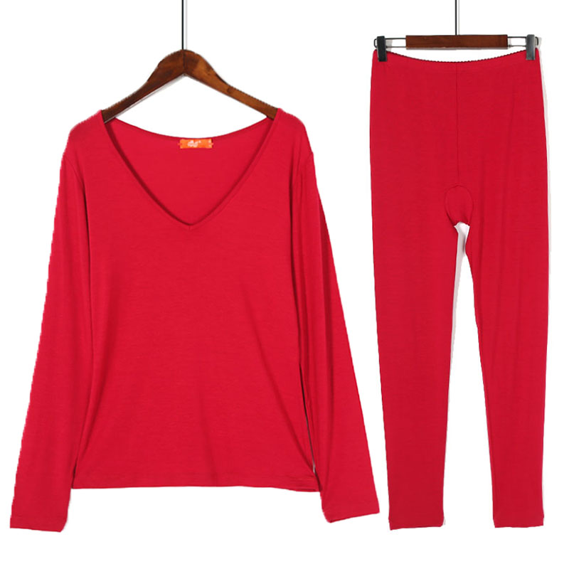 V领长袖弹力薄款秋衣秋裤潮