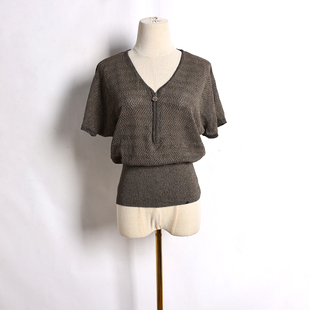 V领时尚 女式 蝙蝠袖 宽松显瘦拉链半袖 上衣 2025年春秋季 针织衫 新品