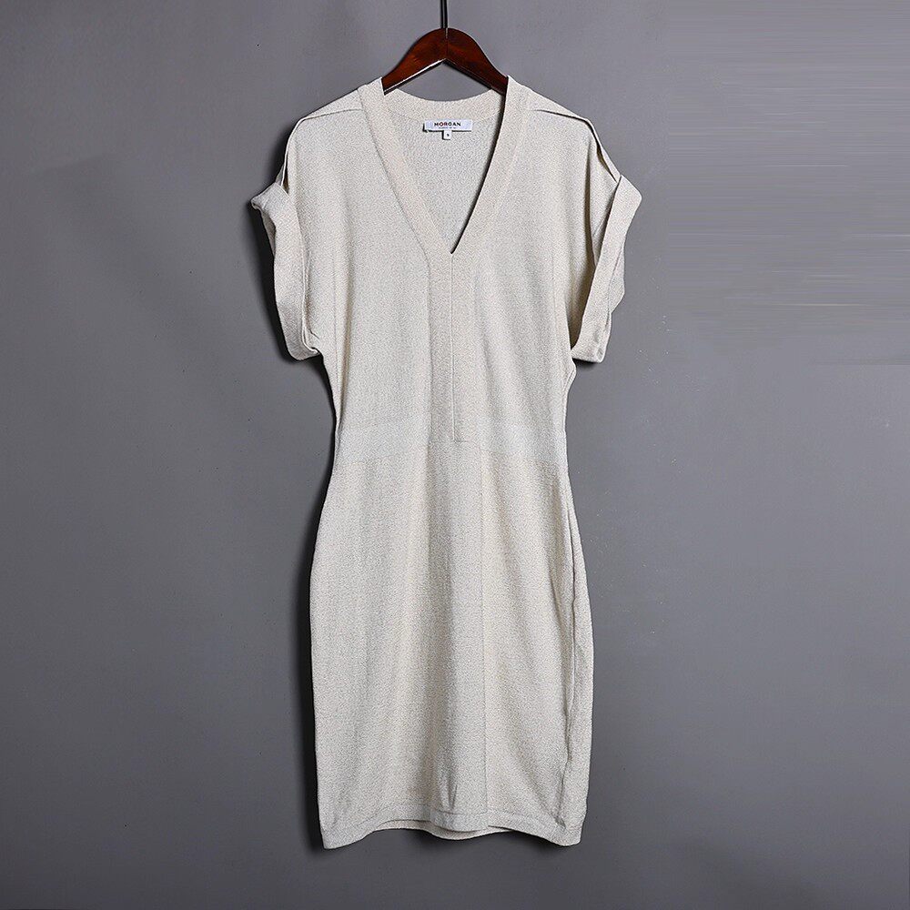 2025年夏秋季新品女式时尚性感V领紧身显瘦中长款纯色包臀针织裙