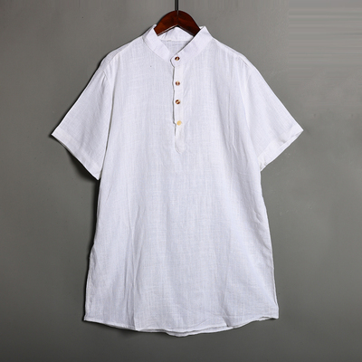 夏季新品男装简约纯色半门禁立领男士宽松休闲短袖衬衫