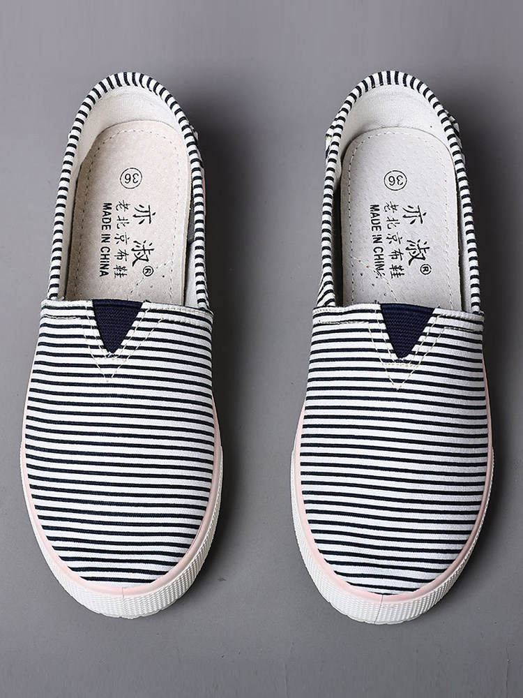 老北京女鞋低帮条纹一脚蹬懒人鞋