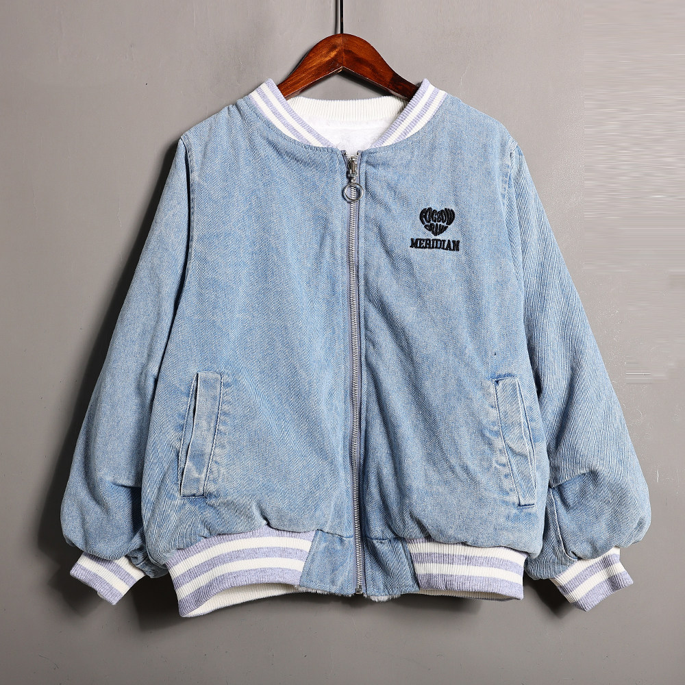 秋冬季新品女装时尚学院风字母印花加绒加厚牛仔棉服外套休闲上衣