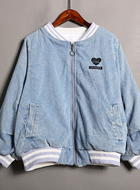 秋冬季新品女装时尚学院风字母印花加绒加厚牛仔棉服外套休闲上衣