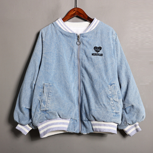 秋冬季新品女装时尚学院风字母印花加绒加厚牛仔棉服外套休闲上衣