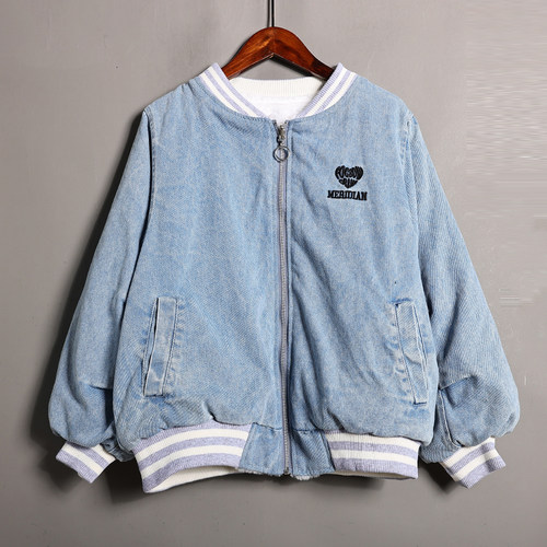 秋冬季新品女装时尚学院风字母印花加绒加厚牛仔棉服外套休闲上衣