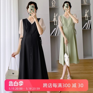 连衣裙2024夏季 新韩版 夏装 孕妇装 气质宽松显瘦拼接假两件可哺乳裙