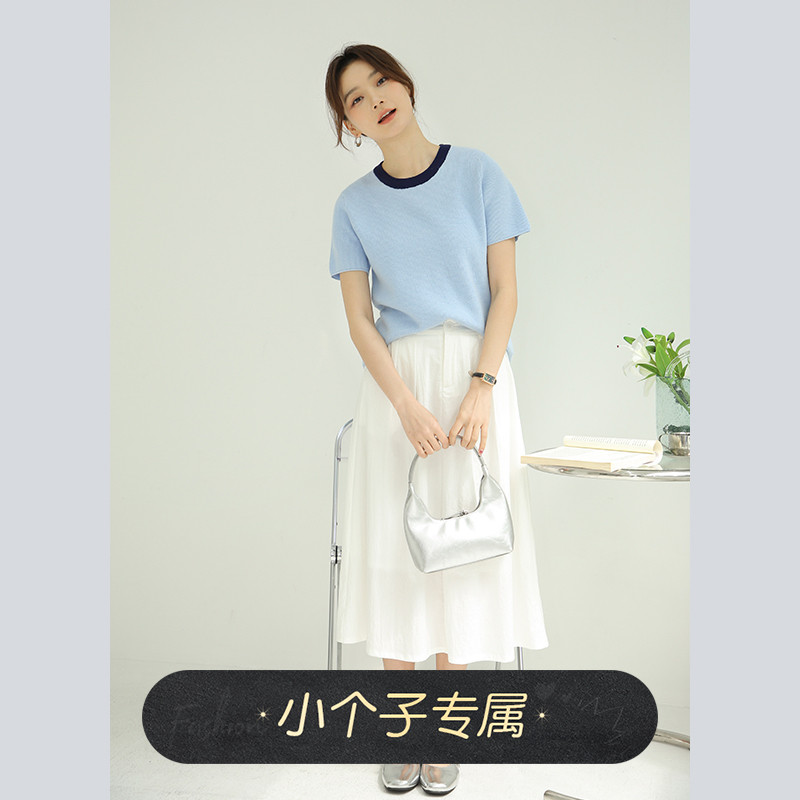 奈格薇儿小个子短袖T恤女夏季2025新款撞色蓝色设计感针织衫上衣