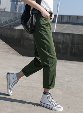军绿色裤子女2025新款工装裤小个子直筒休闲哈伦萝卜大码女裤九分