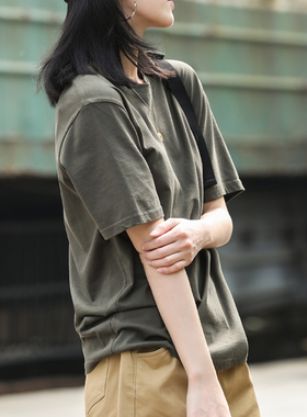 军绿色t恤女夏宽松纯棉短袖2026新款大码体恤衫工装打底上衣春秋