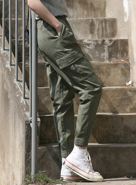 军绿色裤子女2025新款工装裤夏季薄款小个子束脚休闲哈伦大码女裤
