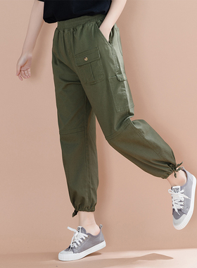 军绿色裤子女2025新款工装裤春秋小个子束脚休闲大码女裤胖mm九分