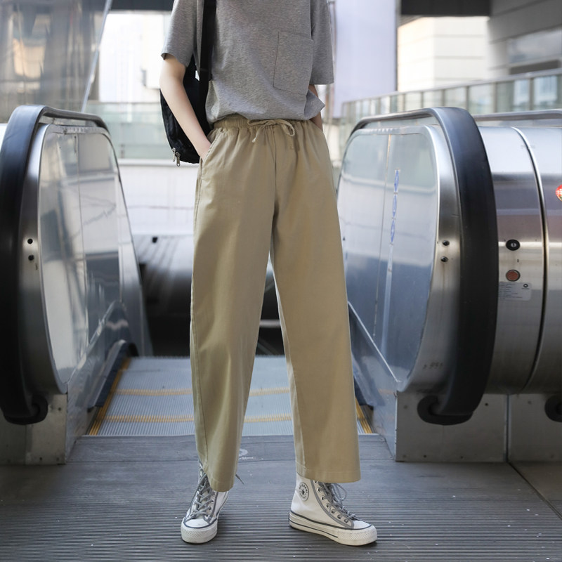 卡其色裤子女春秋工装裤小个子直筒休闲宽松大码女裤胖mm秋冬九分