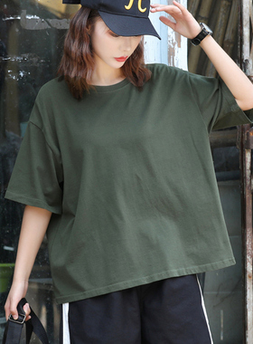 军绿色t恤女夏季宽松纯棉短袖2026新款大码体恤衫中半袖工装上衣