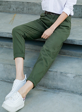 军绿色裤子女2025新款工装裤小个子直筒休闲哈伦锥形萝卜女裤九分