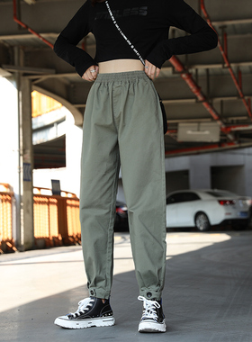 军绿色裤子女春秋大码工装裤小个子休闲束脚哈伦女裤秋冬2025新款