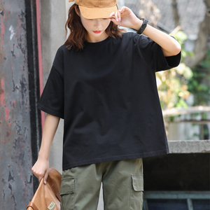 黑色短袖t恤女夏纯棉宽松2023新款大码体桖衫半中袖短款胖mm上衣