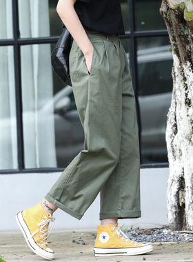 军绿色裤子女2025新款直筒工装裤小个子休闲大码女裤2025新款九分