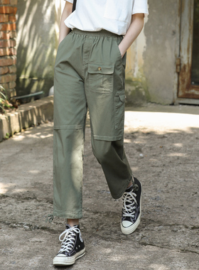 军绿色裤子女宽松直筒工装裤夏季薄款小个子大码休闲春秋运动九分