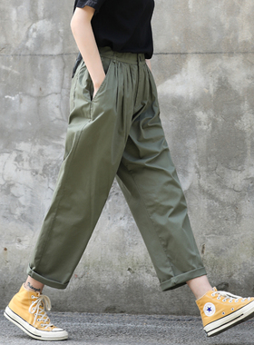 军绿色裤子女春秋大码工装裤夏季薄款小个子休闲直筒阔腿女裤九分