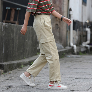 春秋小个子休闲运动哈伦萝卜老爹九分 裤 卡其色裤 子女宽松直筒工装